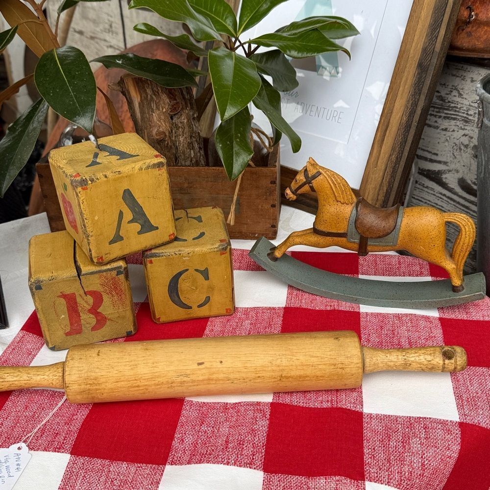 Set of 3 Large Vintage Folk Art Hand Made Wood Blocks